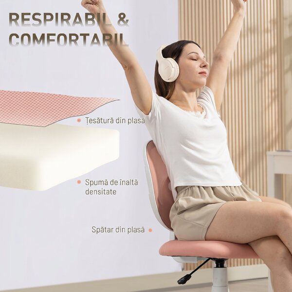 HOMCOM Scaun de Birou Ergonomic Rotativ din Material Tip Plasă Respirabil Fără Brațe, Înălțime Reglabilă, Roz | Aosom Romania