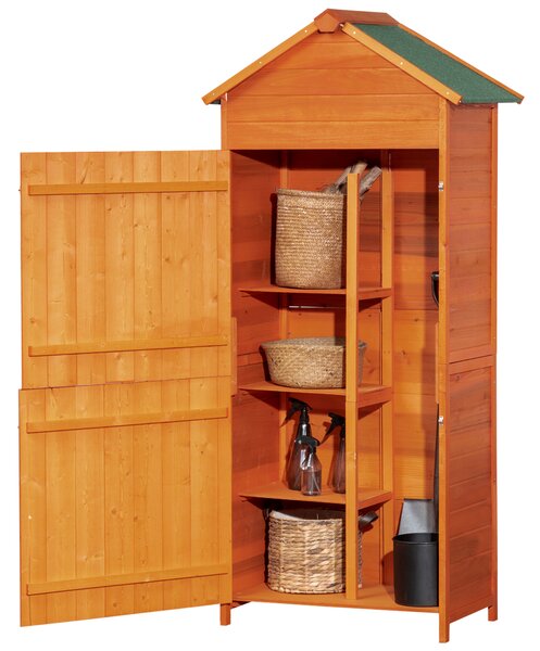 Outsunny Sopron de Gradina din Lemn cu 2 Usi, Dulap de Exterior Depozitare Unelte cu 3 Rafturi, 84x52x188cm