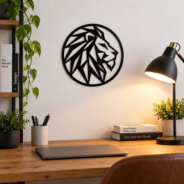 Decorațiune de perete Leu Low-Poly din plexiglas negru, Ø 30 cm – NOOT
