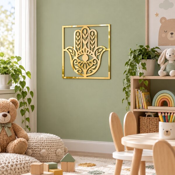 Decorațiune de Perete Hamsa Aurie – Plexiglas Oglindă, 24 × 24 cm | NOOT