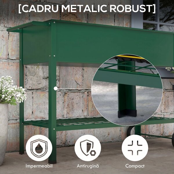 Outsunny Jardinieră Exterioară cu Raft Inferior pentru Unelte, Jardinieră Metalică cu 2 Roți și Mâner, 104x39x80 cm, Verde | Aosom Romania