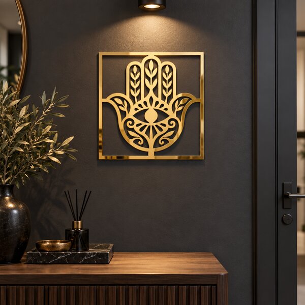 Decorațiune de Perete Hamsa Aurie – Plexiglas Oglindă, 24 × 24 cm | NOOT