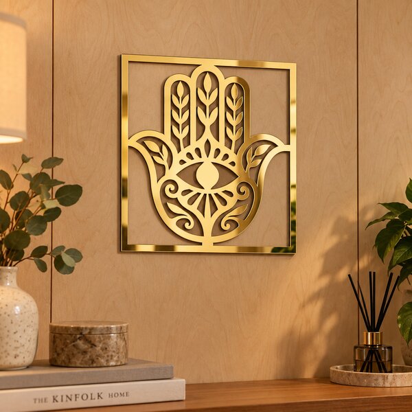 Decorațiune de Perete Hamsa Aurie – Plexiglas Oglindă, 24 × 24 cm | NOOT