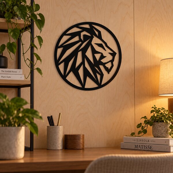 Decorațiune de perete Leu Low-Poly din plexiglas negru, Ø 30 cm – NOOT