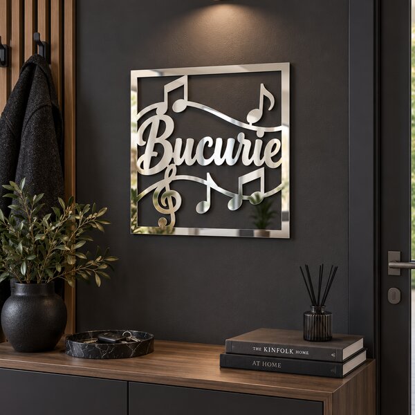 Oglindă decorativă Bucurie cu note muzicale – Plexiglas argintiu, 24 x 24 cm | NOOT