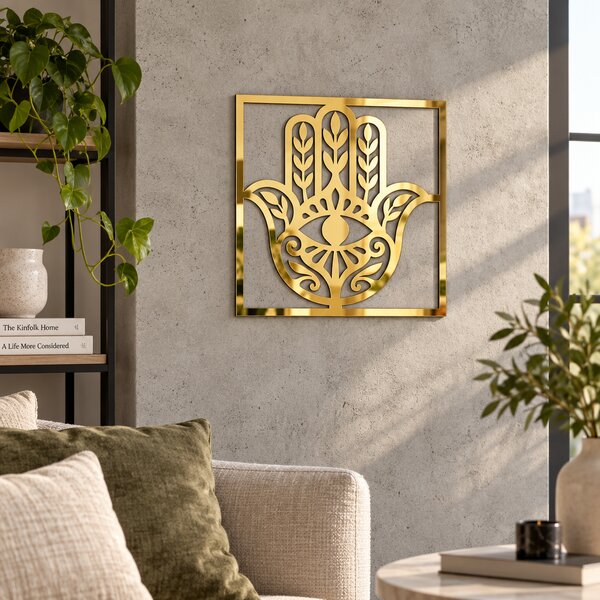 Decorațiune de Perete Hamsa Aurie – Plexiglas Oglindă, 24 × 24 cm | NOOT