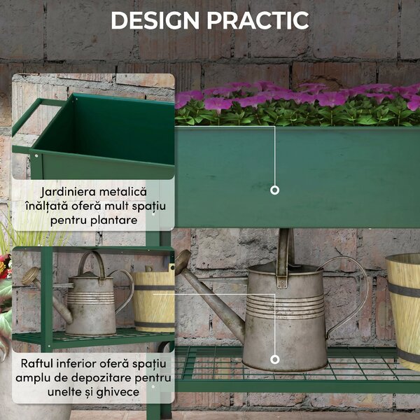 Outsunny Jardinieră Exterioară cu Raft Inferior pentru Unelte, Jardinieră Metalică cu 2 Roți și Mâner, 104x39x80 cm, Verde | Aosom Romania