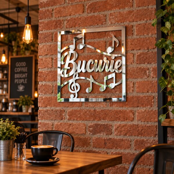 Oglindă decorativă Bucurie cu note muzicale – Plexiglas argintiu, 24 x 24 cm | NOOT