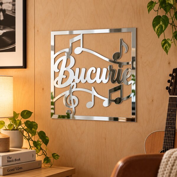 Oglindă decorativă Bucurie cu note muzicale – Plexiglas argintiu, 24 x 24 cm | NOOT