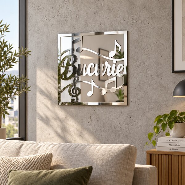 Oglindă decorativă Bucurie cu note muzicale – Plexiglas argintiu, 24 x 24 cm | NOOT