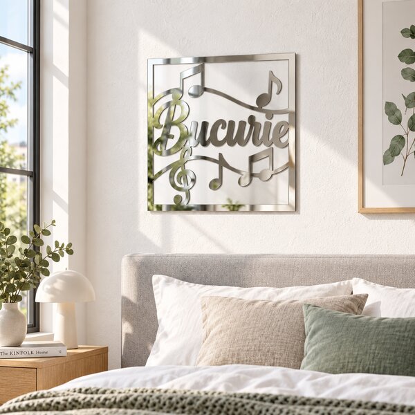 Oglindă decorativă Bucurie cu note muzicale – Plexiglas argintiu, 24 x 24 cm | NOOT
