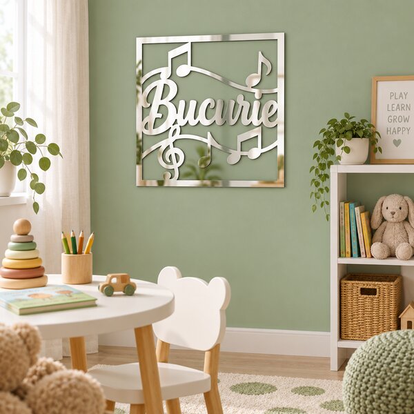 Oglindă decorativă Bucurie cu note muzicale – Plexiglas argintiu, 24 x 24 cm | NOOT