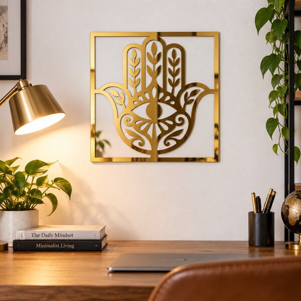 Decorațiune de Perete Hamsa Aurie – Plexiglas Oglindă, 24 × 24 cm | NOOT