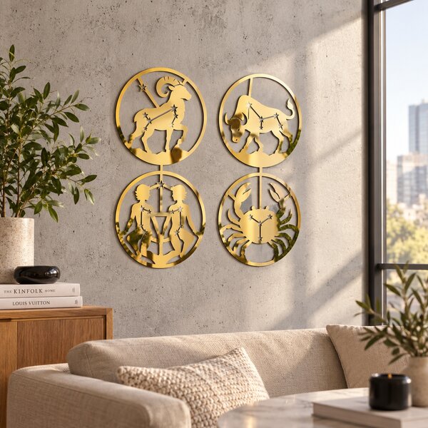 Set 4 decorațiuni zodiacale din plexiglas oglindă auriu, Ø20 cm – Zodiac Mirror Magic | NOOT