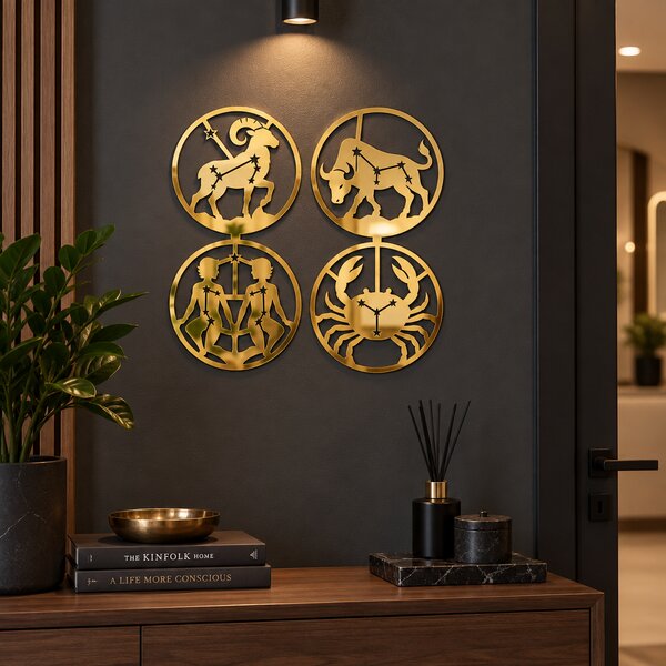 Set 4 decorațiuni zodiacale din plexiglas oglindă auriu, Ø20 cm – Zodiac Mirror Magic | NOOT