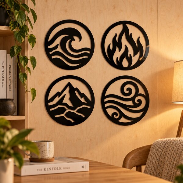 Set 4 decorațiuni de perete Elemente Primordiale – Plexiglas negru, Ø 24 cm | NOOT