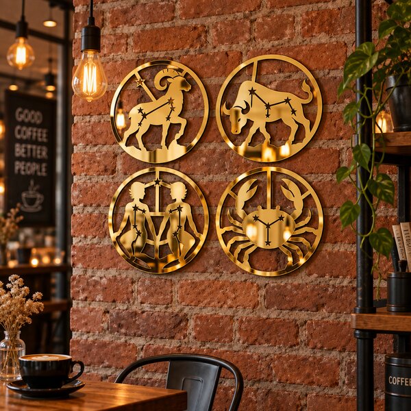 Set 4 decorațiuni zodiacale din plexiglas oglindă auriu, Ø20 cm – Zodiac Mirror Magic | NOOT