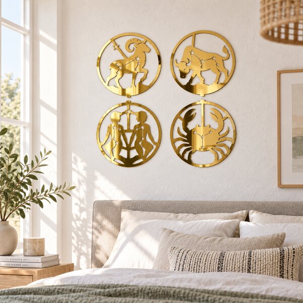 Set 4 decorațiuni zodiacale din plexiglas oglindă auriu, Ø20 cm – Zodiac Mirror Magic | NOOT