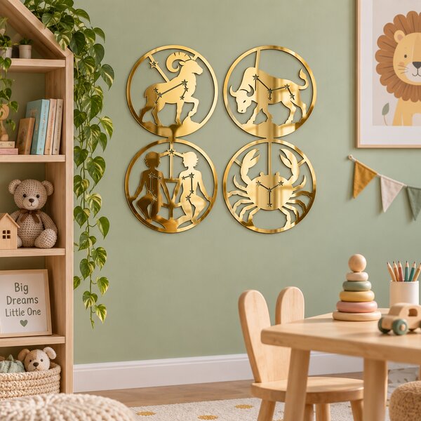 Set 4 decorațiuni zodiacale din plexiglas oglindă auriu, Ø20 cm – Zodiac Mirror Magic | NOOT
