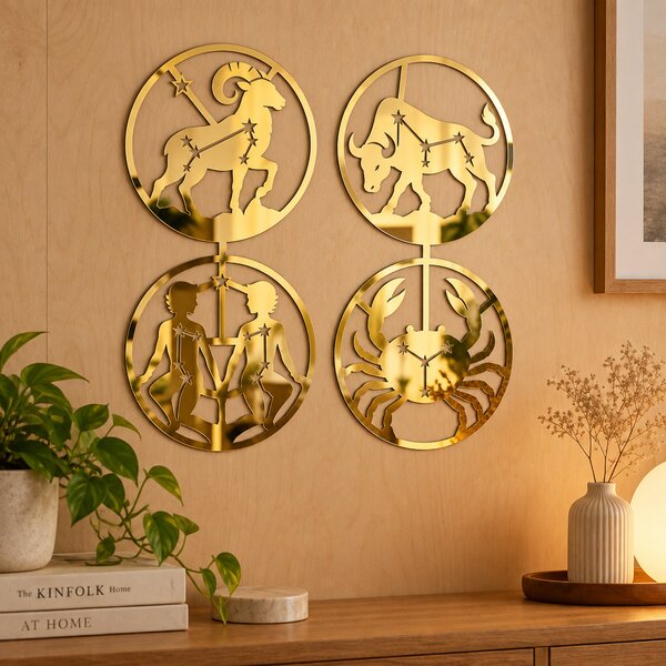Set 4 decorațiuni zodiacale din plexiglas oglindă auriu, Ø20 cm – Zodiac Mirror Magic | NOOT