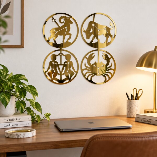 Set 4 decorațiuni zodiacale din plexiglas oglindă auriu, Ø20 cm – Zodiac Mirror Magic | NOOT