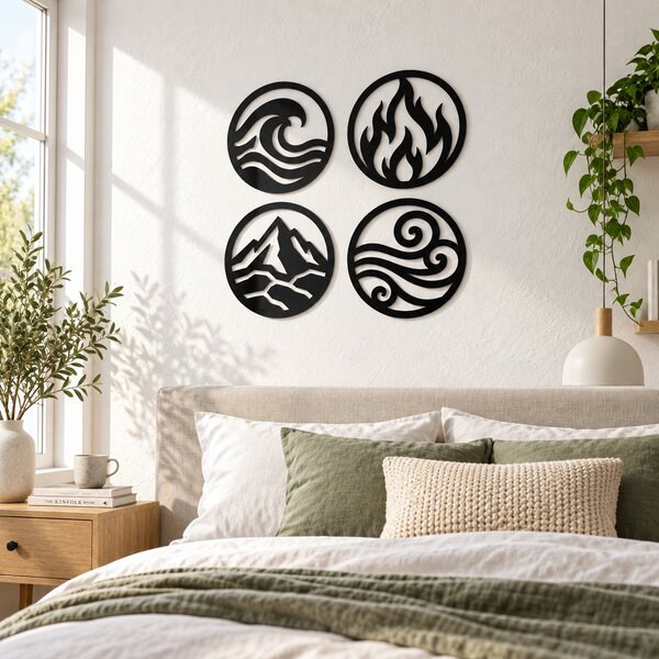 Set 4 decorațiuni de perete Elemente Primordiale – Plexiglas negru, Ø 24 cm | NOOT