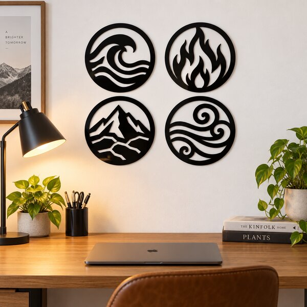 Set 4 decorațiuni de perete Elemente Primordiale – Plexiglas negru, Ø 24 cm | NOOT