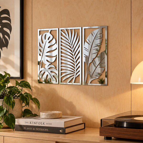 Set 3 decorațiuni de perete din plexiglas oglindă argintiu Tropical Reflections, 41 x 17cm – NOOT