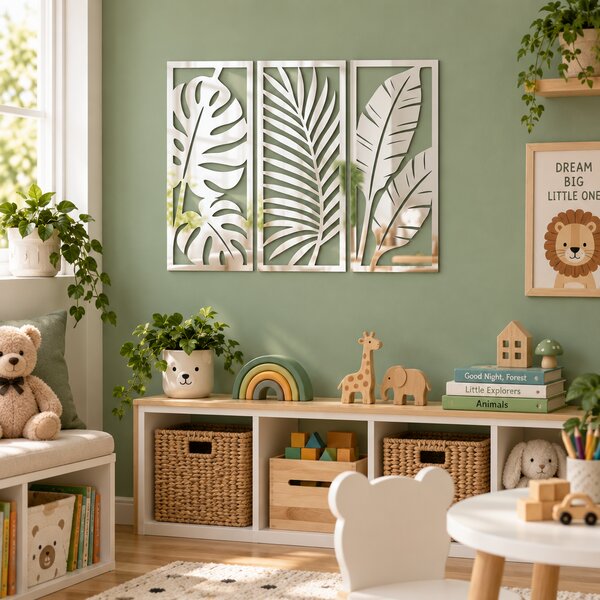 Set 3 decorațiuni de perete din plexiglas oglindă argintiu Tropical Reflections, 41 x 17cm – NOOT