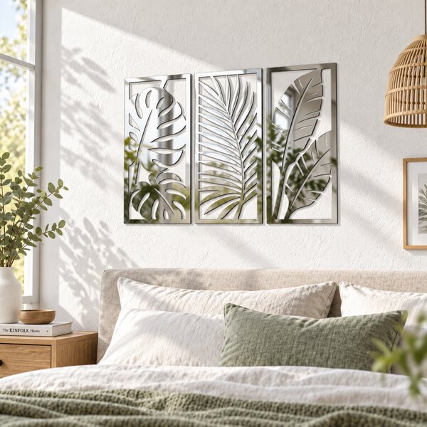 Set 3 decorațiuni de perete din plexiglas oglindă argintiu Tropical Reflections, 41 x 17cm – NOOT