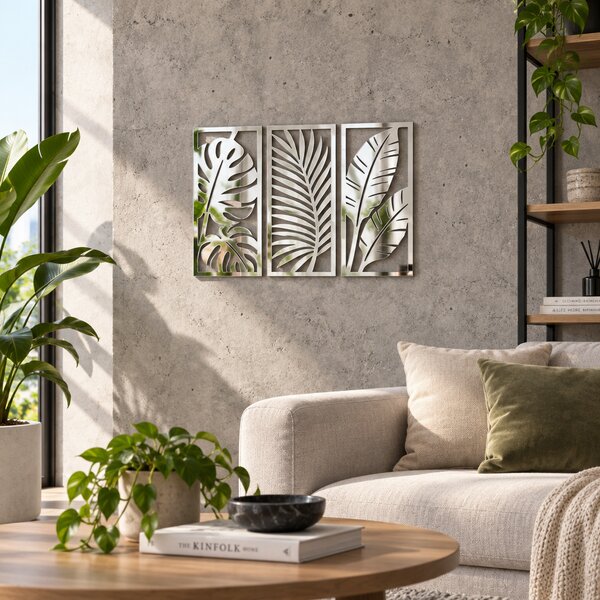 Set 3 decorațiuni de perete din plexiglas oglindă argintiu Tropical Reflections, 41 x 17cm – NOOT