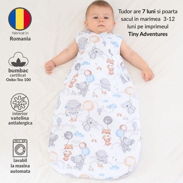 Sac de dormit bebe 3-12 luni Kidizi Tiny Adventures, 1 tog, bumbac 100%, pentru toamna/iarna