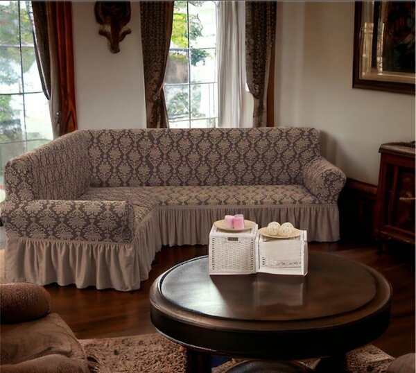 Husa elastica pentru coltar, cu volanas, model Jacquard Cappuccino