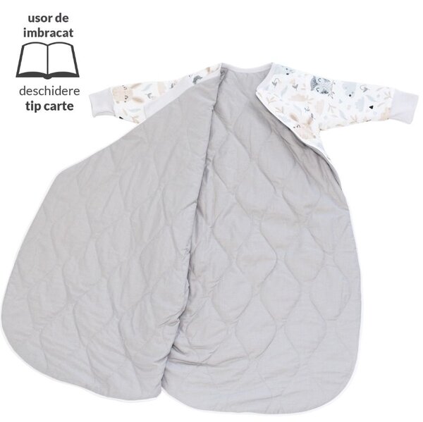 Sac de dormit copii cu maneci 3-12 luni Kidizi Forest Friends, 1 tog, bumbac 100%, pentru toamna/iarna