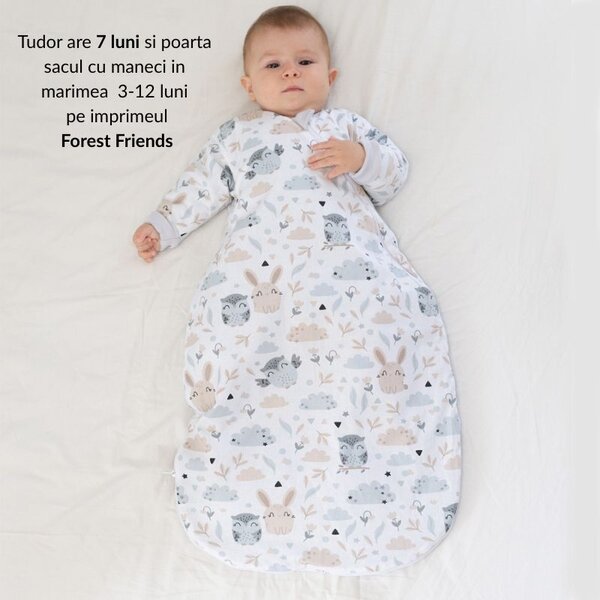 Sac de dormit copii cu maneci 3-12 luni Kidizi Forest Friends, 1 tog, bumbac 100%, pentru toamna/iarna