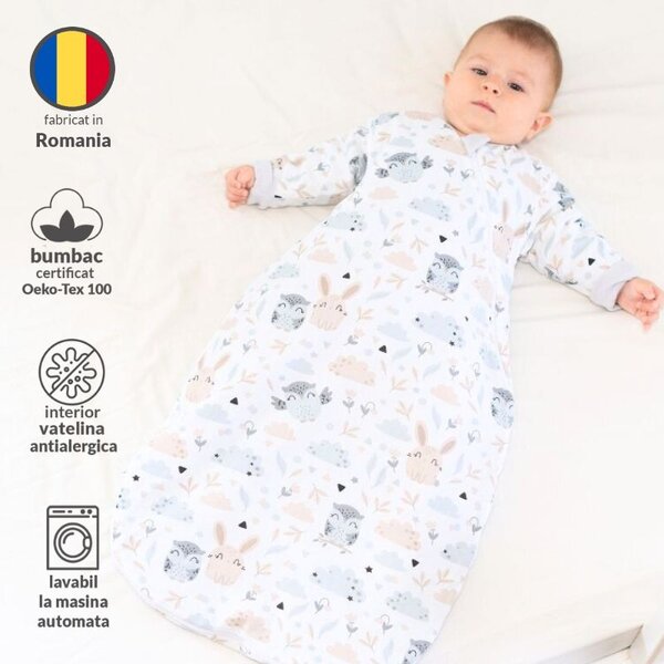 Sac de dormit copii cu maneci 3-12 luni Kidizi Forest Friends, 1 tog, bumbac 100%, pentru toamna/iarna
