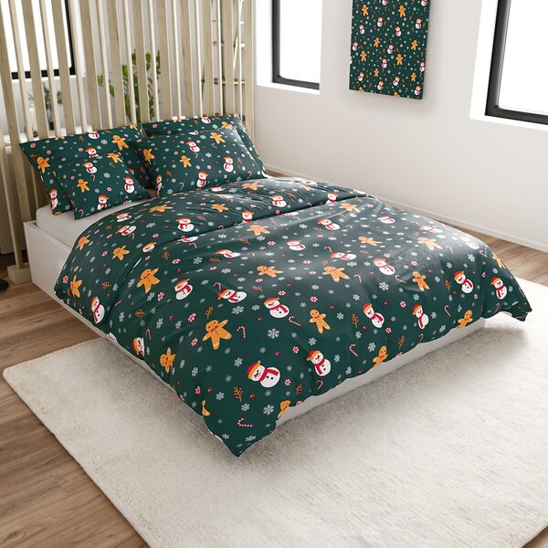 Lenjerie cocolino SNOWMAN AND GINGERBREAD verde Dimensiune lenjerie de pat: 2 buc 70 x 90 cm | 200 x 220 cm