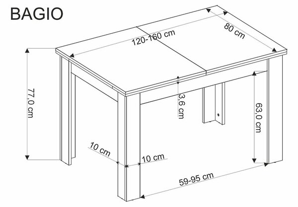 Masa extensibila BAGIO, stejar/negru, PAL laminat, 120/160x80x77 cm