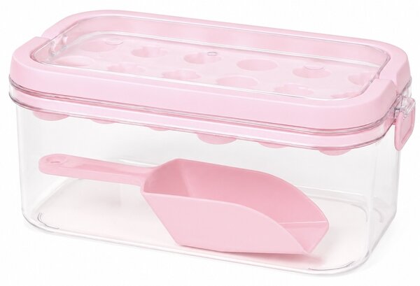 Set Pufo Ice pentru cuburi de gheata, cutie cu capac, lopatica si tava din silicon, roz