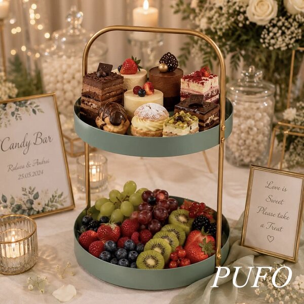 Fructiera etajata Pufo Luxury din metal cu 2 nivele, pentru prajituri, mini torturi, fructe, aperitive, verde