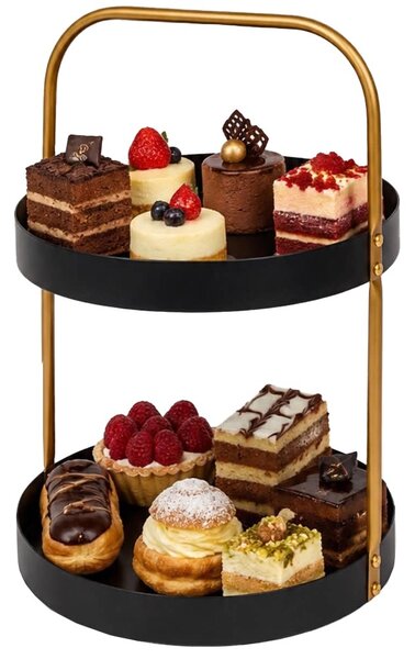 Fructiera etajata Pufo Luxury din metal cu 2 nivele, pentru prajituri, mini torturi, fructe, aperitive, negru