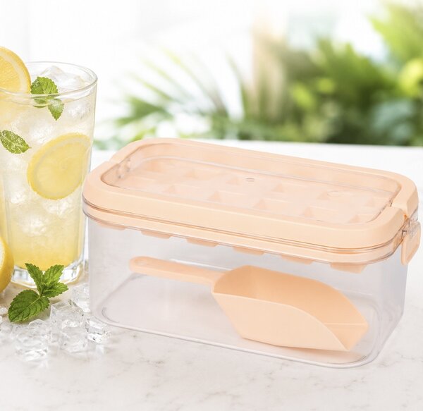 Set Pufo Ice pentru cuburi de gheata, cutie cu capac, lopatica si tava din silicon, galben