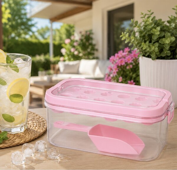 Set Pufo Ice pentru cuburi de gheata, cutie cu capac, lopatica si tava din silicon, roz