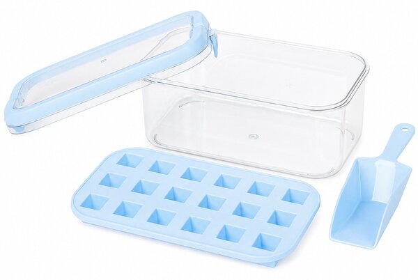 Set Pufo Ice pentru cuburi de gheata, cutie cu capac, lopatica si tava din silicon, albastru