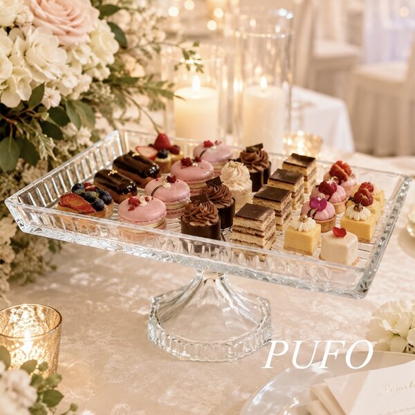 Platou elegant Pufo Cake din sticla cu picior pentru prajituri, mini torturi, fructe si aperitive, 28 x 14 cm