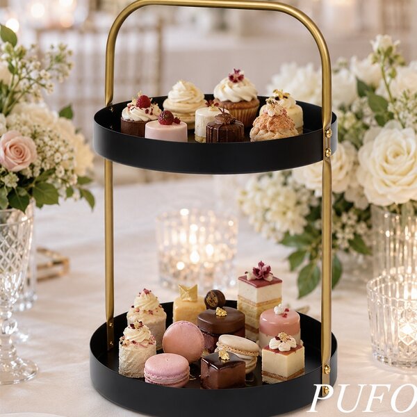 Fructiera etajata Pufo Luxury din metal cu 2 nivele, pentru prajituri, mini torturi, fructe, aperitive, negru