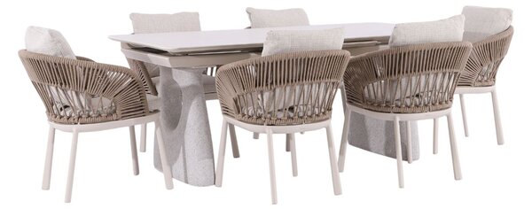 Set de grădină Adora: masă extensibilă + 6 scaune, ivoar/bej