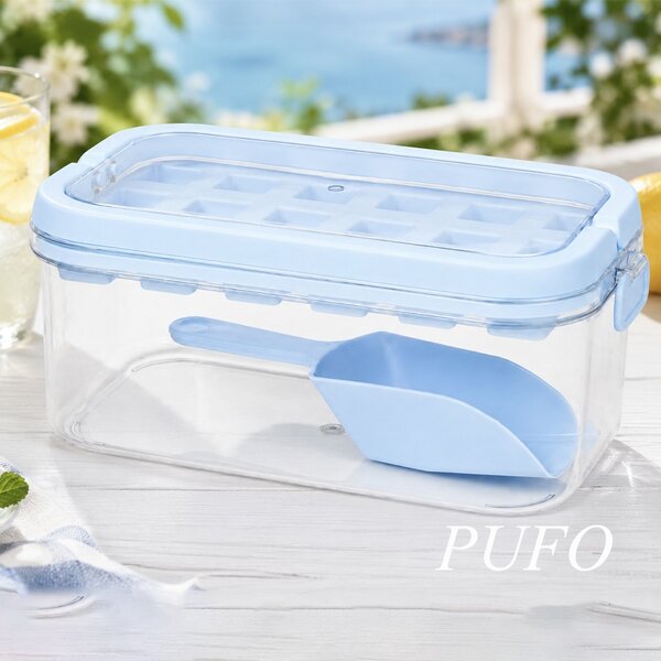 Set Pufo Ice pentru cuburi de gheata, cutie cu capac, lopatica si tava din silicon, albastru