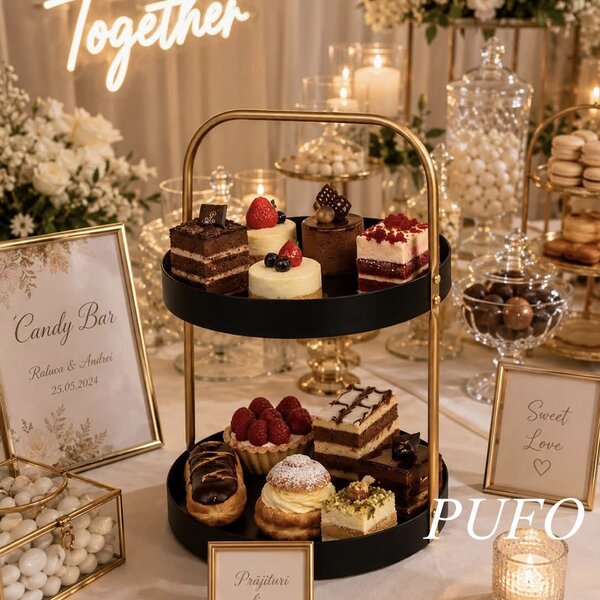 Fructiera etajata Pufo Luxury din metal cu 2 nivele, pentru prajituri, mini torturi, fructe, aperitive, negru