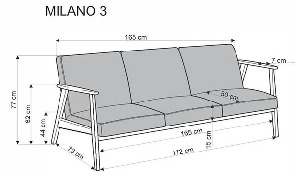 Canapea MILANO 3S, bej - Castel 15, stofa catifelata/lemn, 175x77x77 c